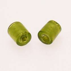 Perles en verre forme cylindre feuille argent au centre couleur Vert Olive (x 2)