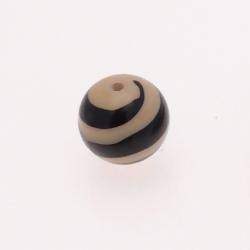 Perle ronde en verre Ø18mm rayures noires sur fond beige opaque (x 1)