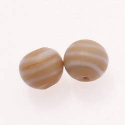 Perle en verre ronde Ø12mm rayures blanches sur fond beige opaque (x 2)