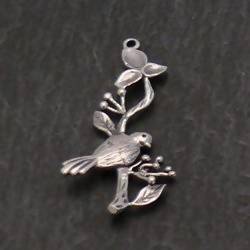 Perle breloque en métal forme branche avec oiseau 30mm couleur Argent (x 1)