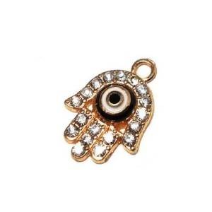Perle breloque métal main Fatima avec strass et œil 12x14mm couleur or (x 1)