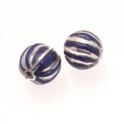 Perle en verre ronde Ø12mm stries argent sur fond bleu opaque (x 2)