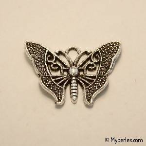 Perle breloque en métal forme papillon 32x25mm couleur argent (x 1)