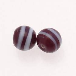 Perle en verre ronde Ø12mm rayures blanches sur fond chocolat opaque (x 2)