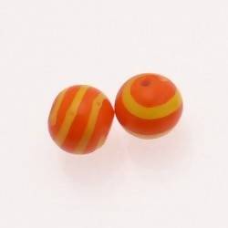 Perle en verre ronde Ø10mm rayures jaunes sur fond orange opaque (x 2)