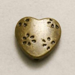 Perle en métal breloque forme coeur avec fleur 13x13mm couleur vieil or (x 1)