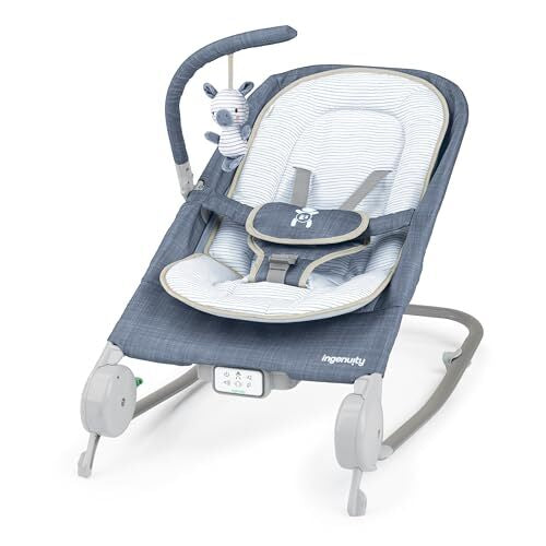 Livrenpoche : Transat Ingenuity Happy Belly Rock - To - Bounce, musique, vibrations, arc d'activité amovible, peluche zebra, pour 0 - 6 mois, bleu - Chambray -  - Divers