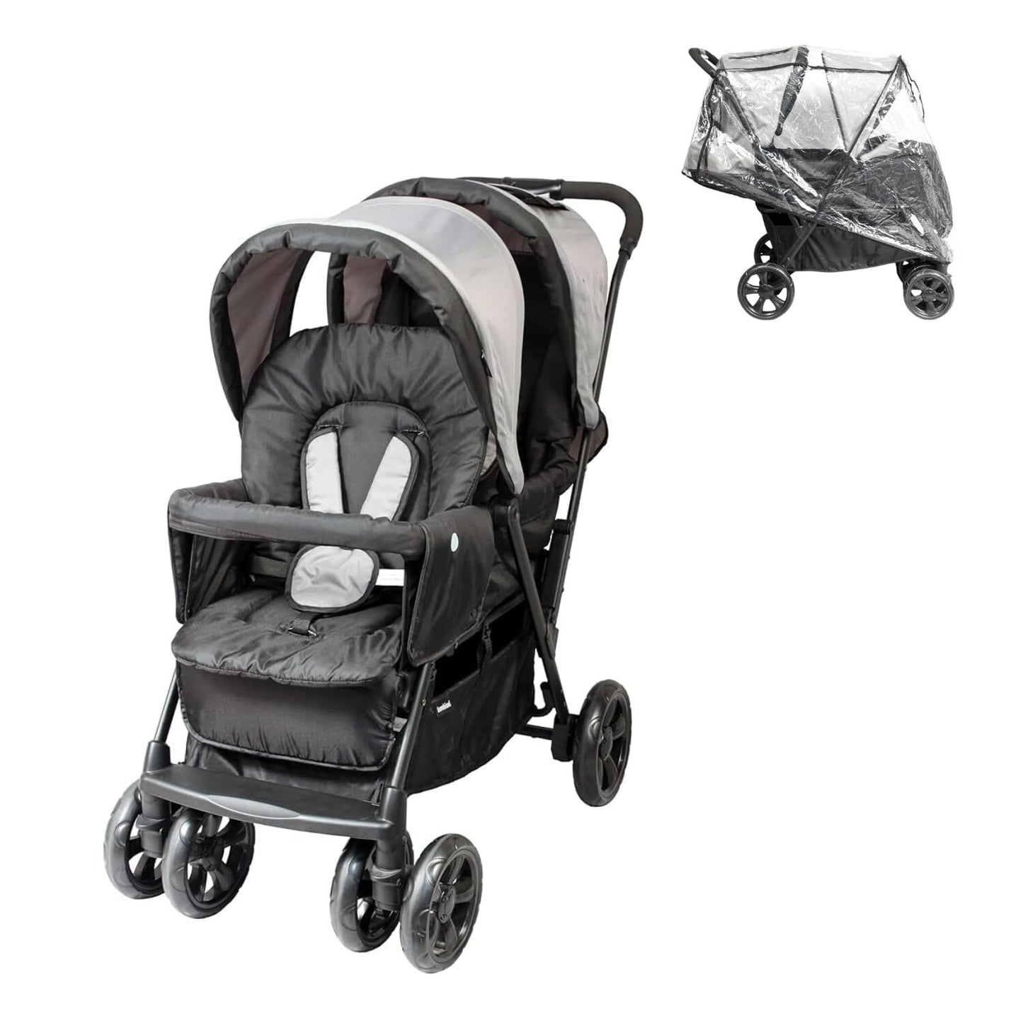 Bambisol poussette double, habillage pluie inclus, pliage facile - gris noir -  - Divers