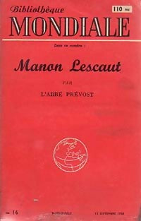 Manon Lescaut - Abbé Prévost -  Bibliothèque Mondiale - Livre