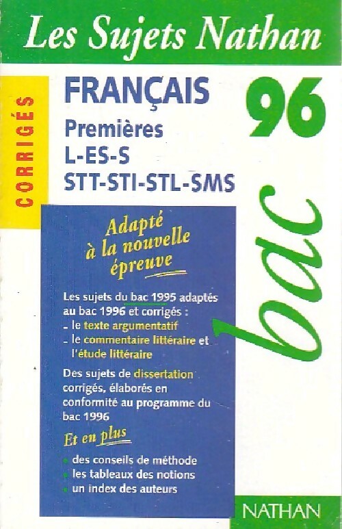 Livrenpoche : Français premières L, ES, S . Corrigés 1996 - Eliane Itti - Livre