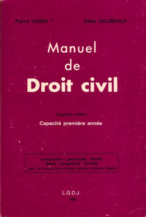 Livrenpoche : Manuel de droit civil Tome I - Pierre Voirin - Livre