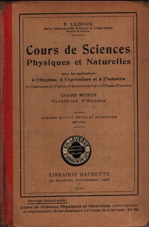 Cours de sciences physiques et naturelles - P. Ledoux - Livre
