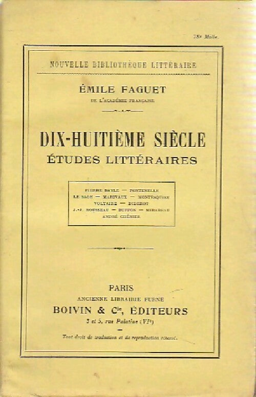 Dix-huitième siècle. Etudes littéraires - Emile Faguet -  Nouvelle bibliothèque littéraire - Livre