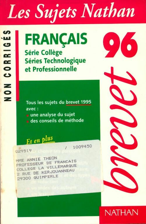 Livrenpoche : Français séries collège, technologique et professionnelle : Sujets non corrigés 95-96 - Collectif - Livre