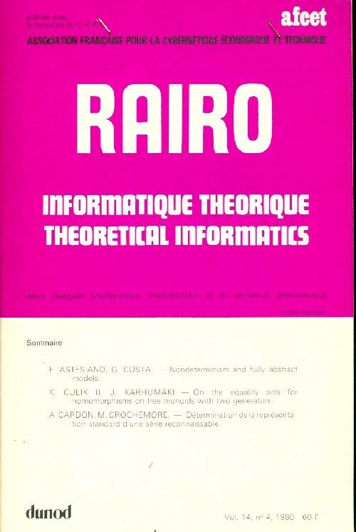 Rairo. Informatique théorique Vol. 14 n°4 - Collectif -  Rairo. Informatique théorique - Livre