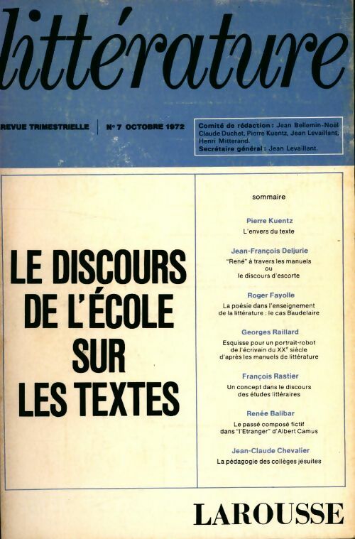 Livrenpoche : Littérature n° 7. Le discours de l'école sur les textes - Collectif - Livre