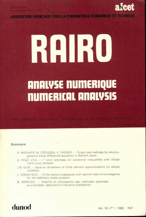 Rairo. Analyse numérique Vol. 16 n°1 - Collectif -  Rairo. Analyse numérique - Livre