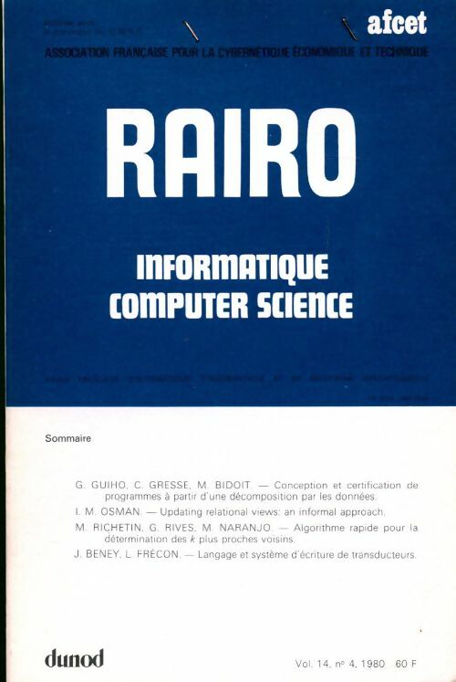 Rairo. Informatique vol. 14 n°4 - Collectif -  Rairo. Informatique - Livre