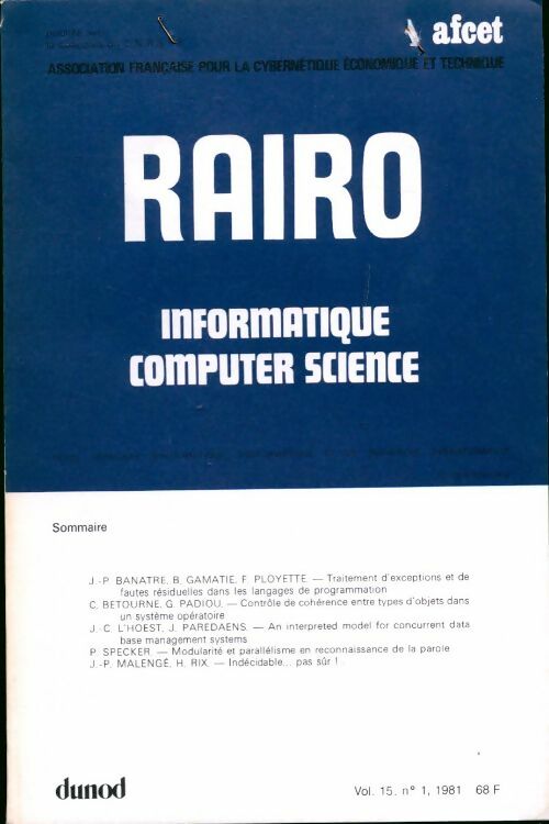 Livrenpoche : Rairo. Informatique vol. 15 n°1 - Collectif - Livre