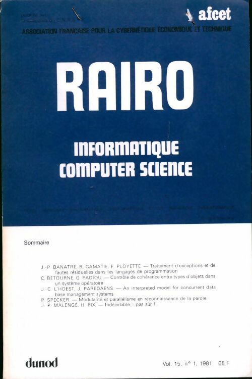 Rairo. Informatique vol. 15 n°1 - Collectif -  Rairo. Informatique - Livre