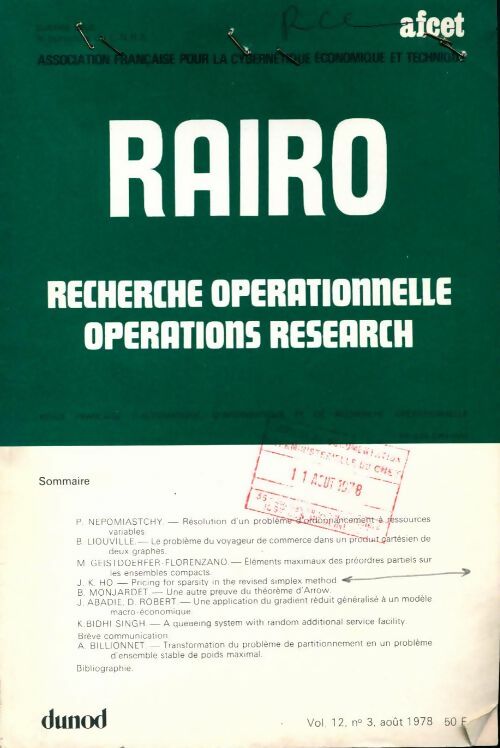 Livrenpoche : Rairo. Recherche opérationnelle Vol. 12 n°3 - Collectif - Livre
