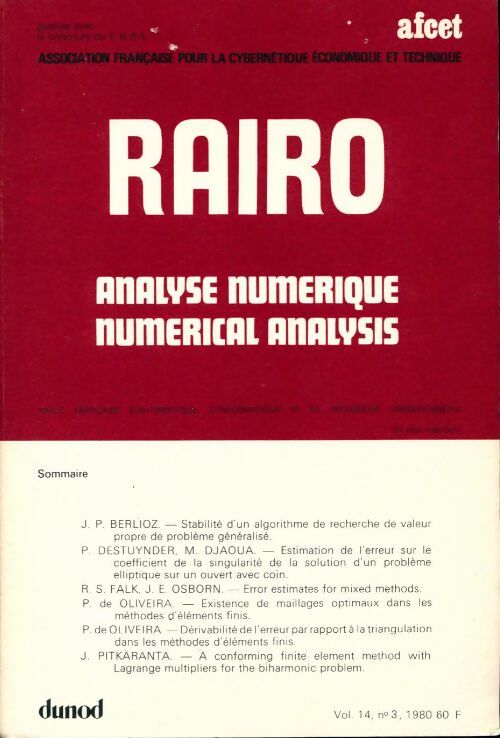 Livrenpoche : Rairo. Analyse numérique Vol. 14 n°3 - Collectif - Livre