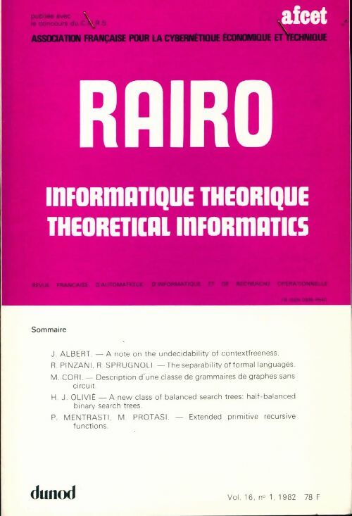 Rairo. Informatique théorique Vol. 16 n°1 - Collectif -  Rairo. Informatique théorique - Livre