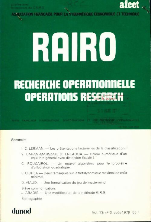 Livrenpoche : Rairo. Recherche opérationnelle Vol. 13 n°3 - Collectif - Livre