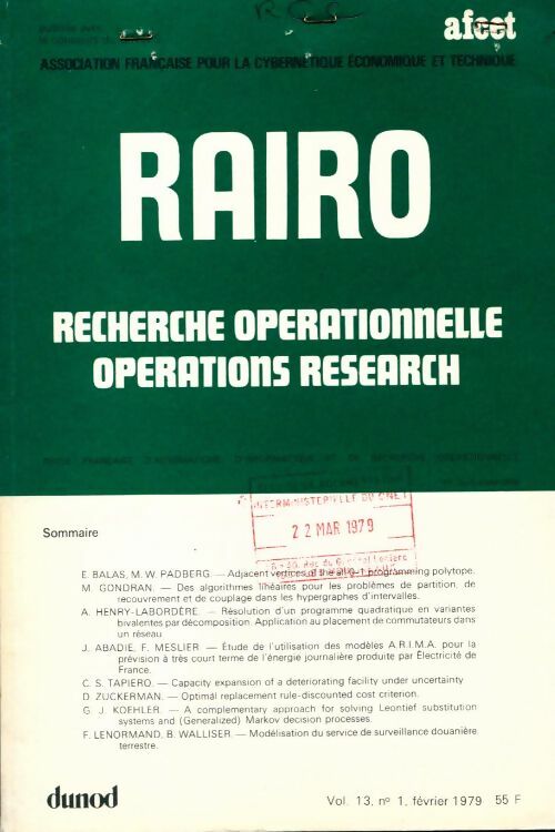 Livrenpoche : Rairo. Recherche opérationnelle Vol. 13 n°1 - Collectif - Livre