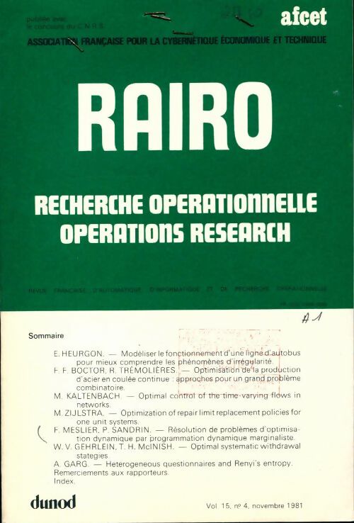 Livrenpoche : Rairo. Recherche opérationnelle Vol. 15 n°4 - Collectif - Livre