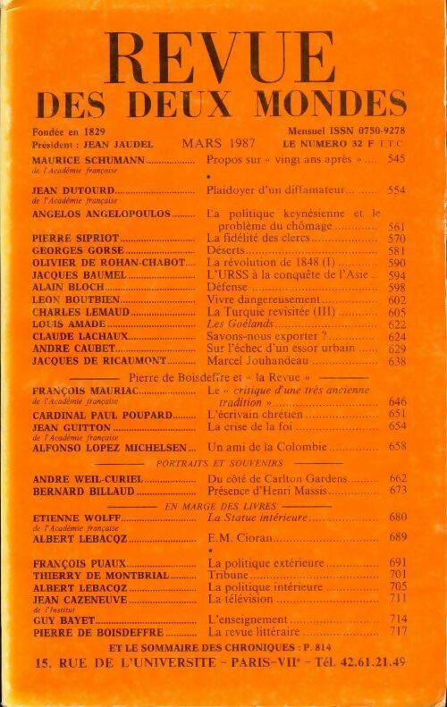 Livrenpoche : Revue des deux mondes mars 1987 - Inconnu - Livre