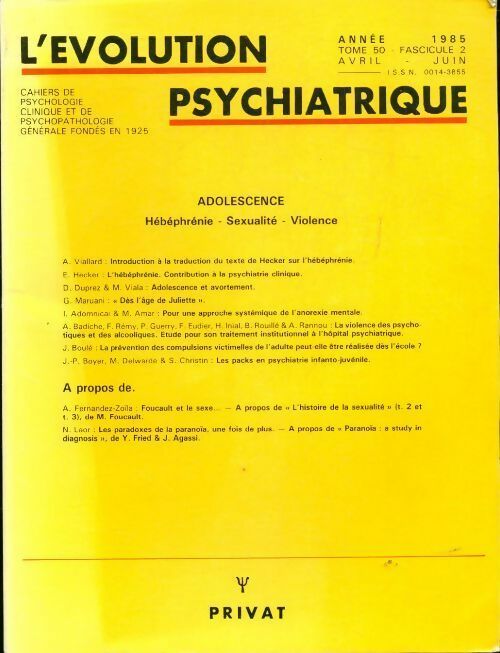 L'évolution psychiatrique n°50 fascicule 2  - Collectif -  L'évolution psychiatrique - Livre