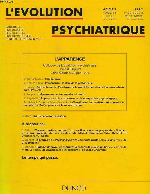 L'évolution psychiatrique n°62-3 : L'apparence - Collectif -  L'évolution psychiatrique - Livre