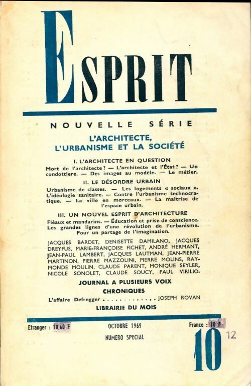 Livrenpoche : Esprit n°10 octobre numéro spécial : L'architecte, l'urbanisme et la société - Collectif - Livre