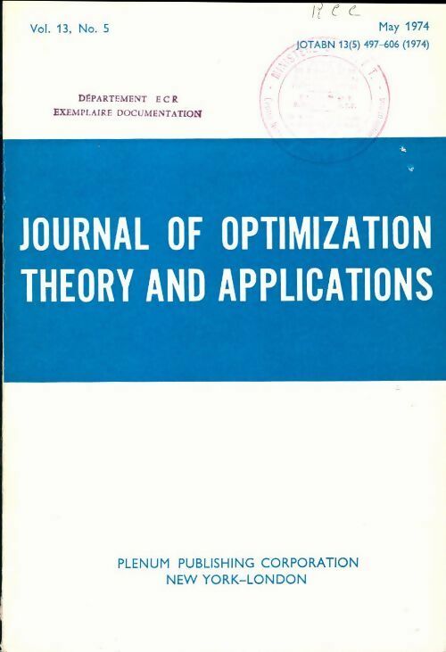 Livrenpoche : Journal of optimization theory and applications n°13-5 - Collectif - Livre