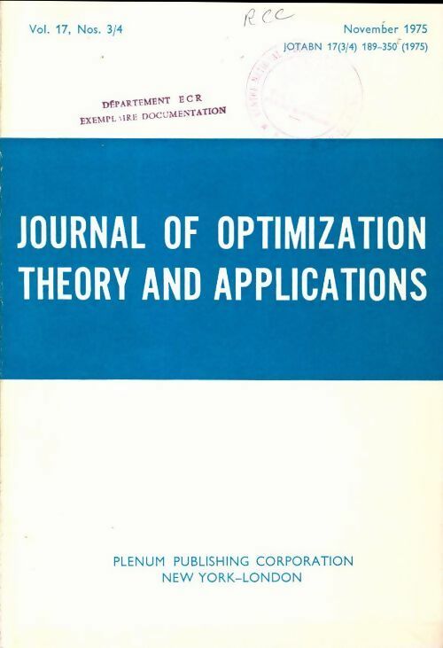 Livrenpoche : Journal of optimization theory and applications n°17-3/4 - Collectif - Livre
