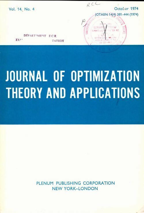 Livrenpoche : Journal of optimization theory and applications n°14-4 - Collectif - Livre
