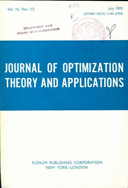 Livrenpoche : Journal of optimization theory and applications n°16-1/2 - Collectif - Livre