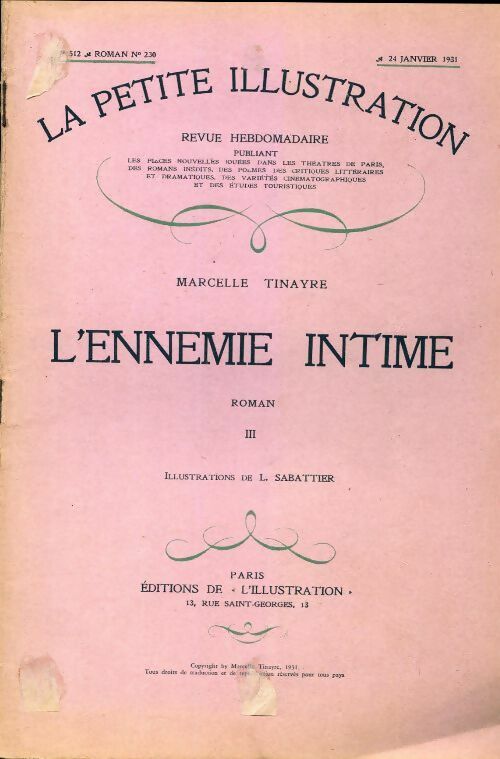 Livrenpoche : La petite illustration n°512 Roman n°230 : L'ennemie intime Tome III - Marcelle Tinayre - Livre