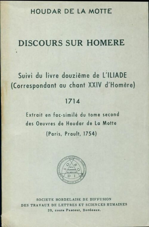 Livrenpoche : Discours sur Homère - Houdar De La Motte - Livre