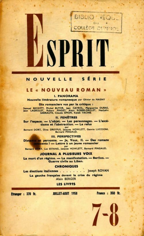 Livrenpoche : Esprit n°7-8 : le nouveau roman - Collectif - Livre