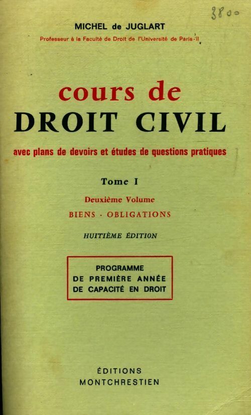 Livrenpoche : Cours de droit civil Tome I - Michel De Juglart - Livre