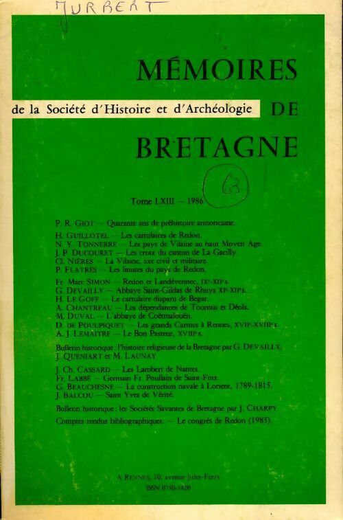Livrenpoche : Mémoires de la société d'histoire et d'archéologie de Bretagne Tome LXIII - Collectif - Livre