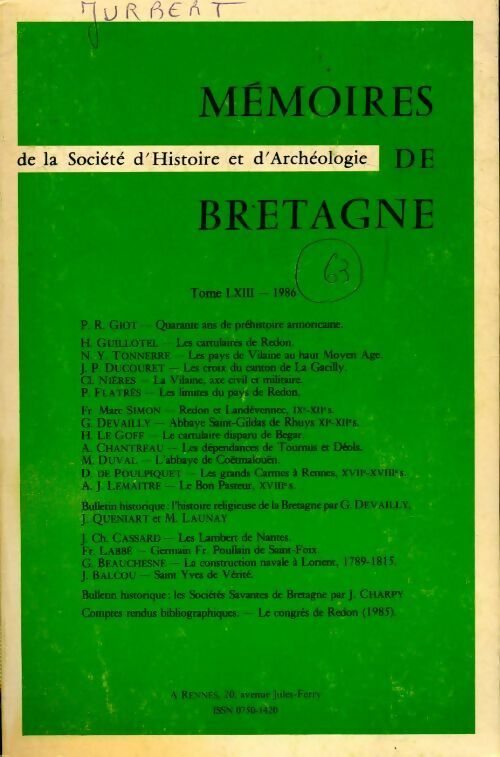 Mémoires de la société d'histoire et d'archéologie de Bretagne Tome LXIII - Collectif -  Société d'histoire et d'archéologie de Bretagne GF - Livre