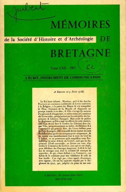 Livrenpoche : Mémoires de la société d'histoire et d'archéologie de Bretagne Tome LXII - Collectif - Livre