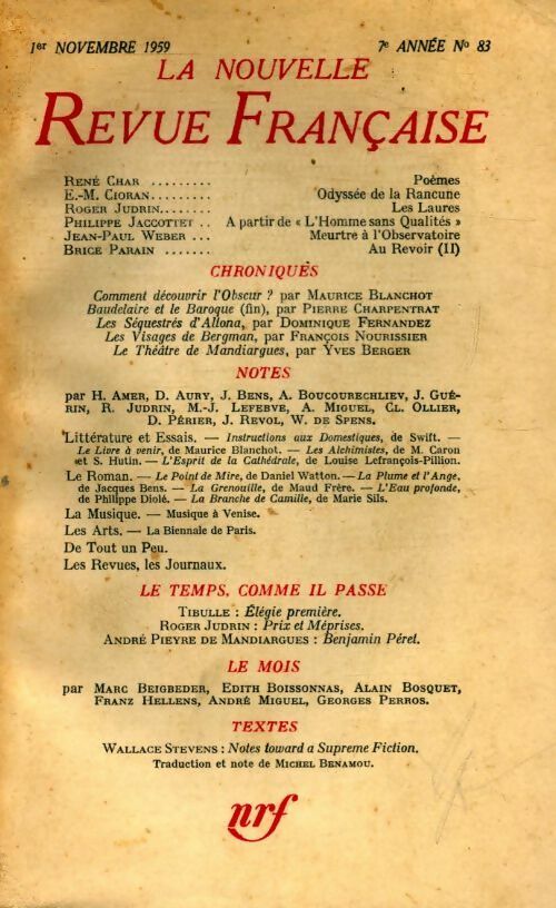 Livrenpoche : La nouvelle revue française n°83 - Collectif - Livre