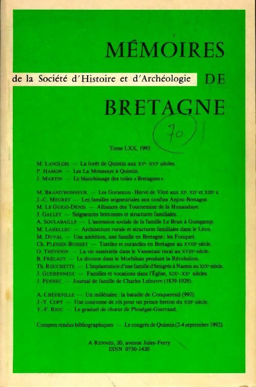 Livrenpoche : Mémoires de Bretagne de la société d'histoire et d'archéologie Tome LXX - Collectif - Livre