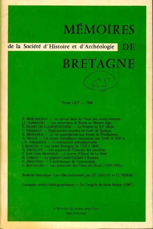 Livrenpoche : Mémoires de la société d'histoire et d'archéologie de Bretagne Tome LXV - Collectif - Livre