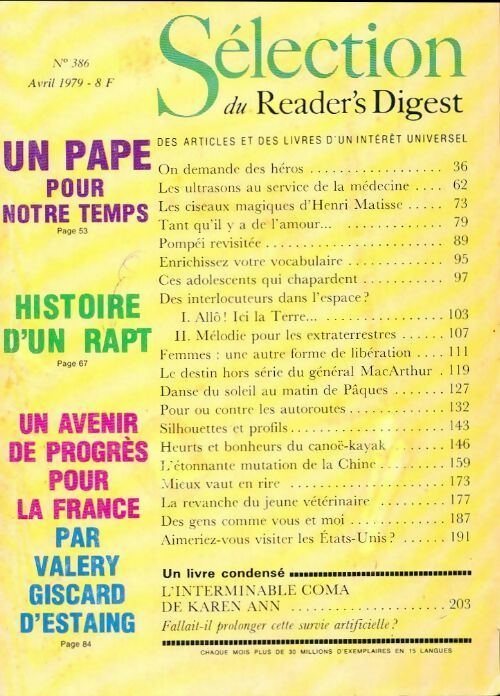 Livrenpoche : Reader's digest sélection n°386 : Un pape pour notre temps / Histoire d'un rapt / Un avenir de progrès pour la France par Valery Giscard d'Estaing - Collectif - Livre