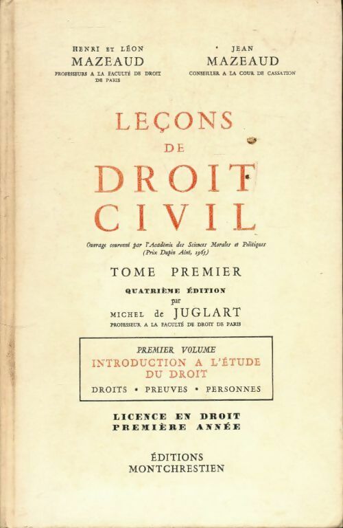 Livrenpoche : Leçons de droit civil tome I - Henri Mazeaud - Livre